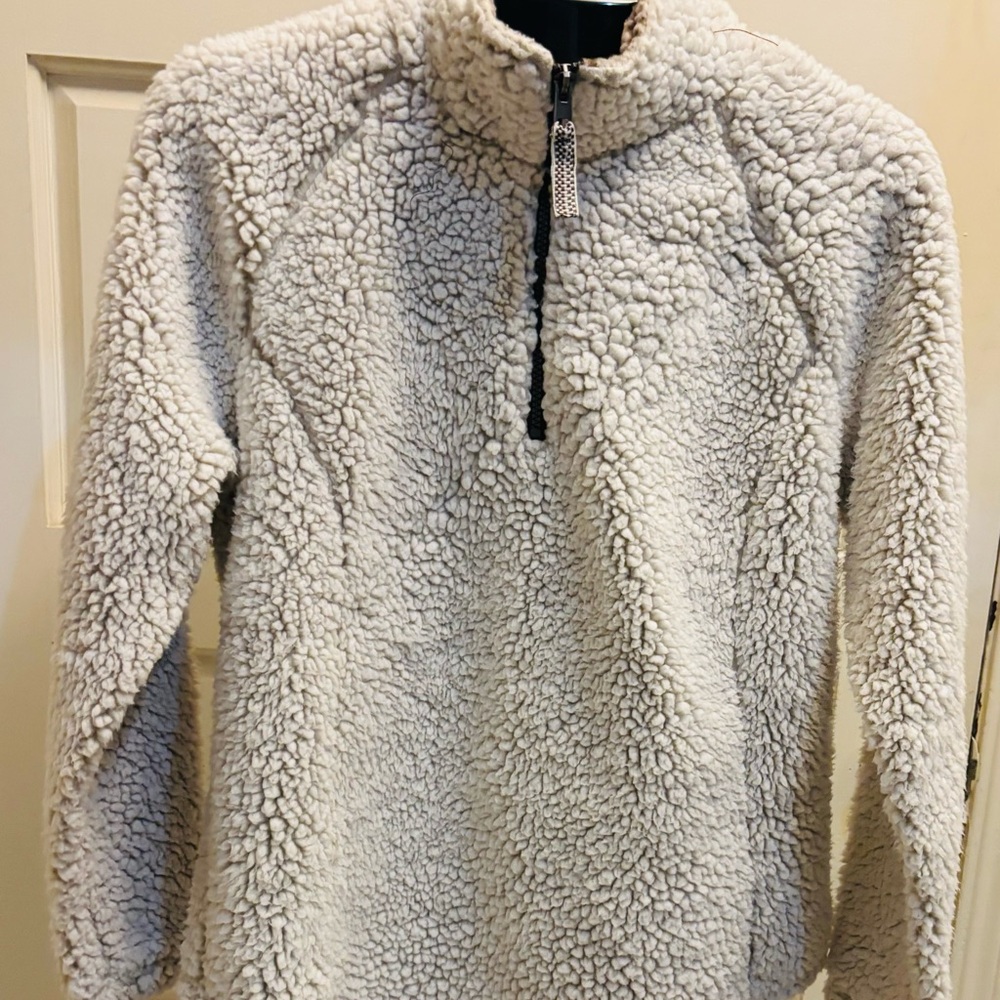 Cozy Off- White Sherpa Fleece pull-over 3/4 zipper front